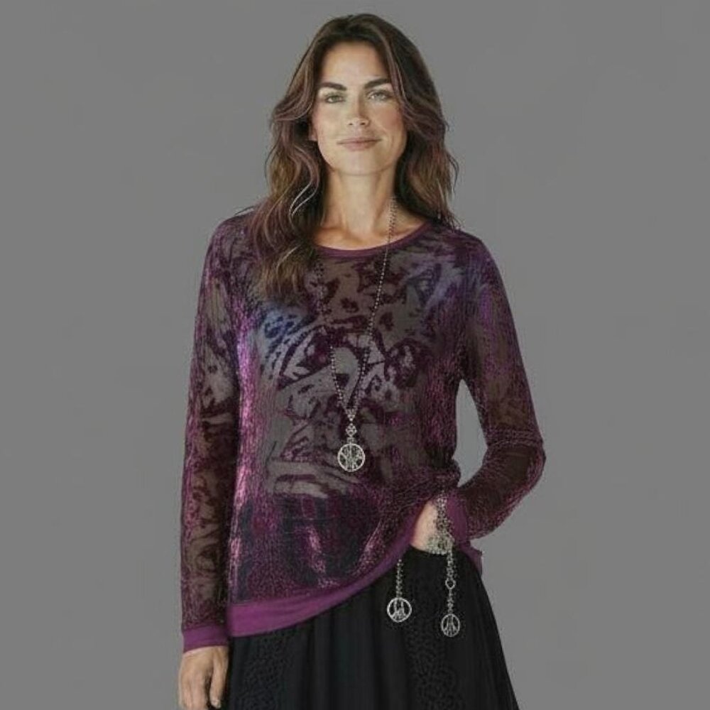 Y2K Burnout Velvet Burgundy Semi Blouse Longsleeve Sz L‎